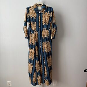 Guadalupe XS Blue Tiger Stripe Cottage Lagenlook Shirt Dress Long Sleeve Maxi